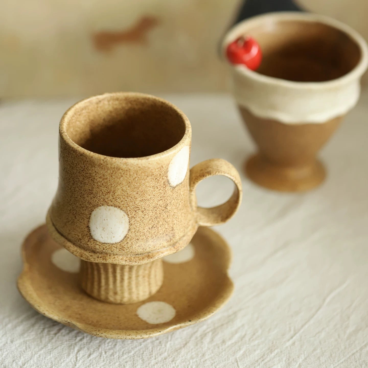 Wabi-Sabi Polka Dot Ceramic Pedestal Coffee Cup